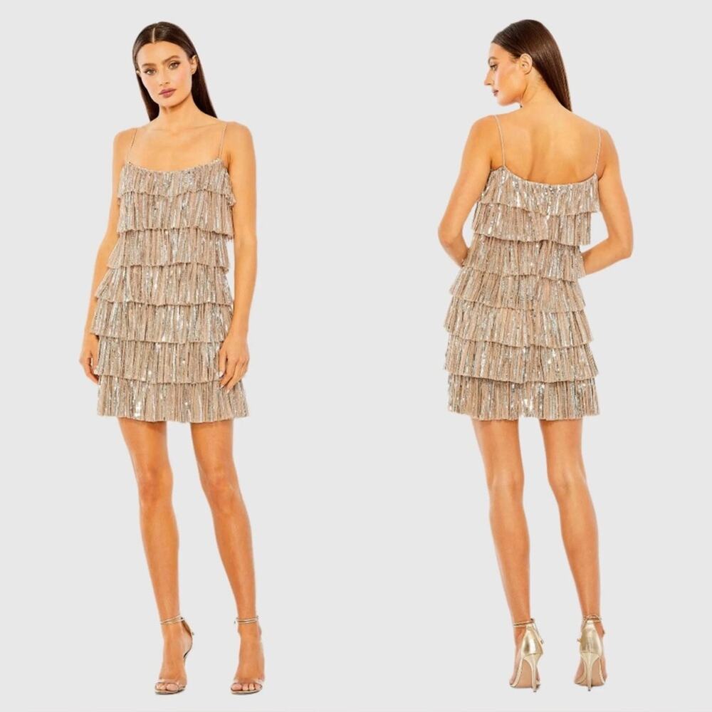 NEW MAC DUGGAL Silver Sequin Fringe Tiered Tank Ruffle Beige $698 Mini Dress 2